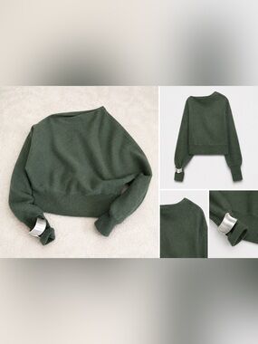 Zara Asymmetric Knit Sweater Green Cuff Detail Crewneck Size S
